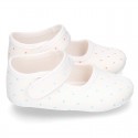 Cotton canvas little Mary Jane shoes for babies with multi dots print design.