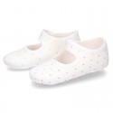 Cotton canvas little Mary Jane shoes for babies with multi dots print design.