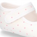 Cotton canvas little Mary Jane shoes for babies with multi dots print design.