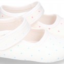 Cotton canvas little Mary Jane shoes for babies with multi dots print design.