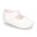 Cotton canvas little Mary Jane shoes for babies with multi dots print design.