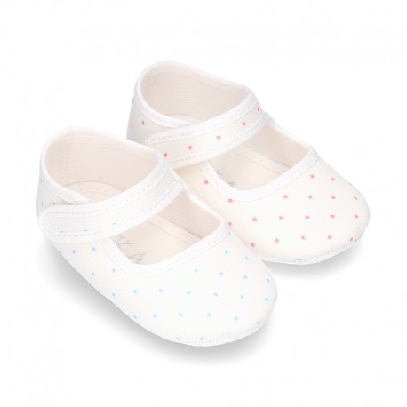 Cotton canvas little Mary Jane shoes for babies with multi dots print design.