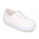 Cotton canvas Kids Bamba type shoes with shoelaces and stars print.