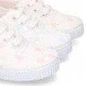 Cotton canvas Kids Bamba type shoes with shoelaces and stars print.