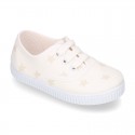 Cotton canvas Kids Bamba type shoes with shoelaces and stars print.