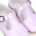 Fashionable T-Strap shoes with buckle fastening in LILAC nappa leather.