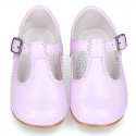 Fashionable T-Strap shoes with buckle fastening in LILAC nappa leather.