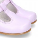 Fashionable T-Strap shoes with buckle fastening in LILAC nappa leather.