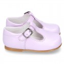 Fashionable T-Strap shoes with buckle fastening in LILAC nappa leather.