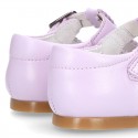 Fashionable T-Strap shoes with buckle fastening in LILAC nappa leather.