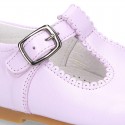 Fashionable T-Strap shoes with buckle fastening in LILAC nappa leather.