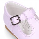 Fashionable T-Strap shoes with buckle fastening in LILAC nappa leather.