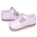 Fashionable T-Strap shoes with buckle fastening in LILAC nappa leather.