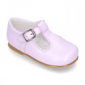 Fashionable T-Strap shoes with buckle fastening in LILAC nappa leather.