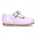 Fashionable T-Strap shoes with buckle fastening in LILAC nappa leather.