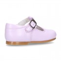 Fashionable T-Strap shoes with buckle fastening in LILAC nappa leather.