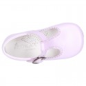 Fashionable T-Strap shoes with buckle fastening in LILAC nappa leather.