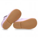 Fashionable T-Strap shoes with buckle fastening in LILAC nappa leather.