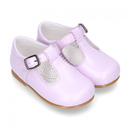 Fashionable T-Strap shoes with buckle fastening in LILAC nappa leather.