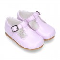 Fashionable T-Strap shoes with buckle fastening in LILAC nappa leather.