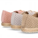 Suede leather Laces up style espadrille shoes with perforated design.