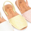 New EXTRA SOFT leather Menorquina sandals with rear strap and glitter finishes.