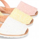 New EXTRA SOFT leather Menorquina sandals with rear strap and glitter finishes.