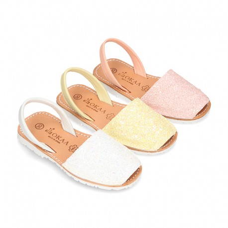 New EXTRA SOFT leather Menorquina sandals with rear strap and glitter finishes.