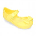 Jelly shoes Ballet flat style with ribbon and hook and loop strap.