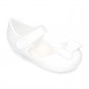 Jelly shoes Ballet flat style with ribbon and hook and loop strap.