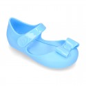 Jelly shoes Ballet flat style with ribbon and hook and loop strap.