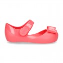 Jelly shoes Ballet flat style with ribbon and hook and loop strap.