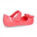 Jelly shoes Ballet flat style with ribbon and hook and loop strap.