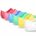 Jelly shoes Ballet flat style with ribbon and hook and loop strap.