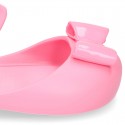 Jelly shoes Ballet flat style with ribbon and hook and loop strap.