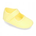 Cotton canvas baby little Mary Janes with velcro strap in seasonal colors.