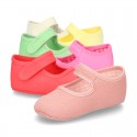 Cotton canvas baby little Mary Janes with velcro strap in seasonal colors.