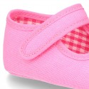 Cotton canvas baby little Mary Janes with velcro strap in seasonal colors.