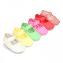 Cotton canvas baby little Mary Janes with velcro strap in seasonal colors.