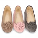 New Suede leather Ballet flat shoes with FLOWER Pompon design.