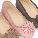 New Suede leather Ballet flat shoes with FLOWER Pompon design.