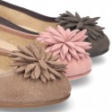 New Suede leather Ballet flat shoes with FLOWER Pompon design.