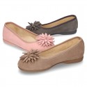 New Suede leather Ballet flat shoes with FLOWER Pompon design.