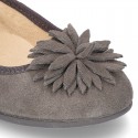 New Suede leather Ballet flat shoes with FLOWER Pompon design.