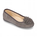 New Suede leather Ballet flat shoes with FLOWER Pompon design.