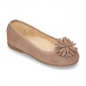 New Suede leather Ballet flat shoes with FLOWER Pompon design.