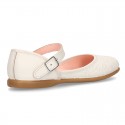 CEREMONY Nappa leather Halter Mary Janes with flower impressed design.