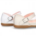 CEREMONY Nappa leather Halter Mary Janes with flower impressed design.