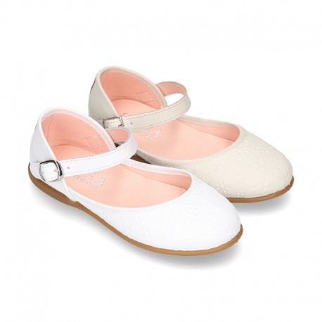 CEREMONY Nappa leather Halter Mary Janes with flower impressed design.