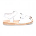 Little MOUSE soft leather Menorquina sandals with velcro strap.
